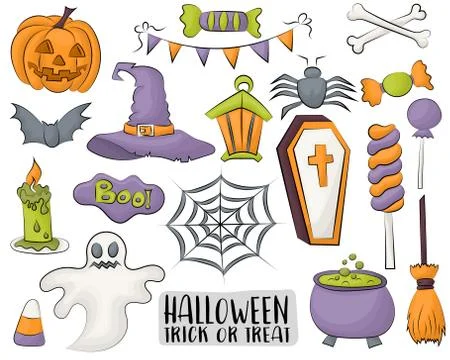 Set of Halloween design elements and icons in a cartoon style Stock Illustration