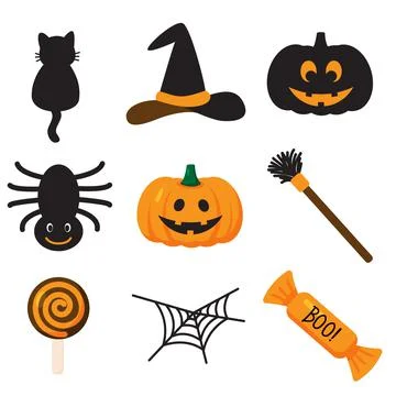 Set of Halloween design elements in funny cartoon style. Prints for seasonal and Illustrazione stock