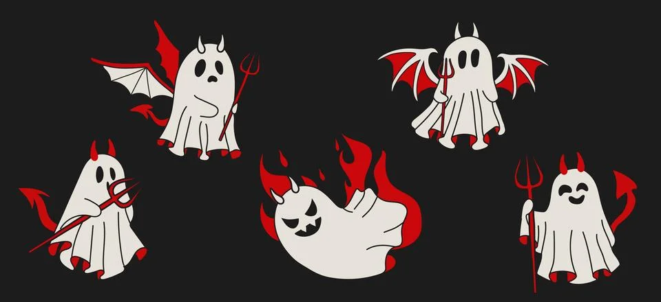 Set of Halloween Devil Ghosts with Trident and Fun Design Illustrazione stock