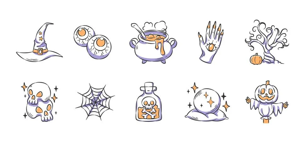 Set of Halloween elements and hand drawn icons includes a witch hat, eyebal.. Stock Illustration