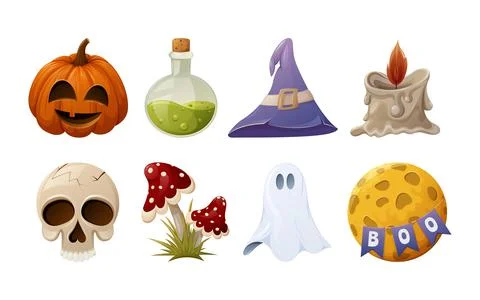 Set of Halloween elements. Candle, skull, pumpkin, potion, agaric, hat, ghost Stock Illustration