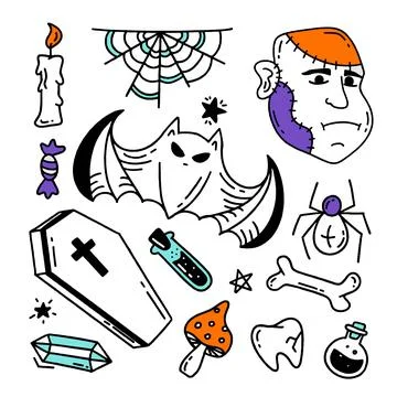 Set of Halloween elements Doodle style vector design illustration Isolated on Illustrazione stock