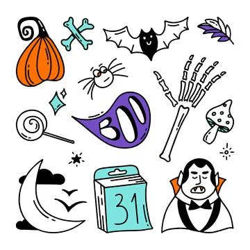 Set of Halloween elements Doodle style vector design illustration Isolated on Illustrazione stock