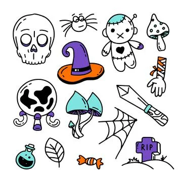 Set of Halloween elements Doodle style vector design illustration Isolated on Stock Illustration