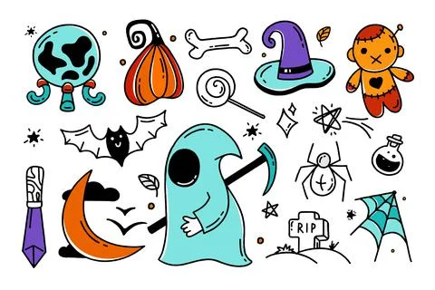Set of Halloween elements Doodle style vector design illustration Isolated on Illustrazione stock