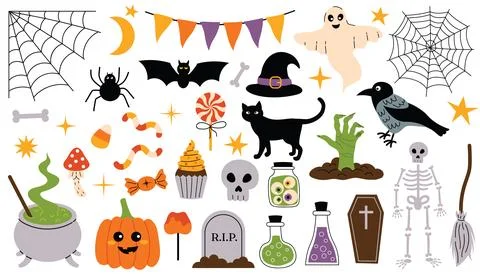 Set of Halloween elements in flat cartoon style with skeleton, candy, spide.. 스톡 일러스트
