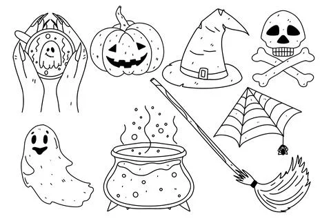 Set of Halloween elements. Hand drawn doodle style. Vector illustration iso.. Stock Illustration