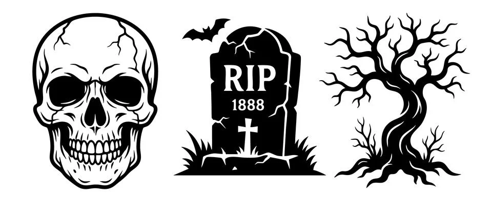 Set of halloween elements with human skull gravestone and dead tree isolated on Stock Illustration