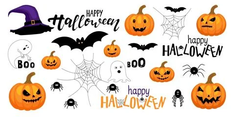 Set of Halloween elements. Pumpkins, webs, spiders, bats, text Stock Illustration