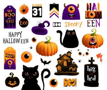 Set of Halloween elements, vector illustrations with lettering Stock Illustration