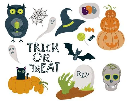 Set of Halloween elements. Vector set of autumn elements with web, hat, bat,  Stock Illustration