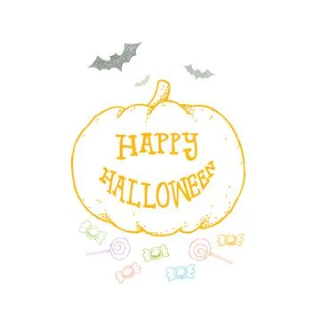 Set of Halloween hand drawn vector illustration with pumpkin, bat, candy Иллюстрация
