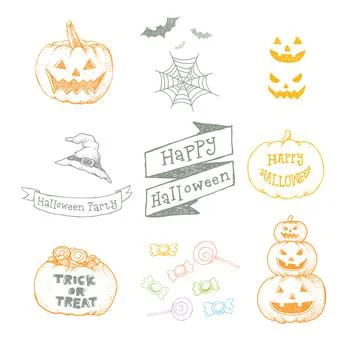 Set of Halloween hand drawn vector illustration with pumpkin, candy, hat Иллюстрация