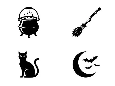 Set of Halloween icons featuring a witch cauldron, broom, black cat, and bats Stock Illustration
