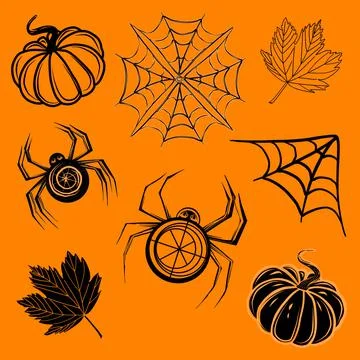 Set of Halloween illustrations with spider, cobweb, pumpkin and leaves Stock Illustration