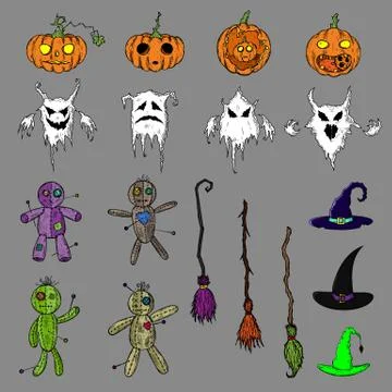 Set of Halloween illustrations. Vector. Isolated objects. Hand-drawn. Stock Illustration