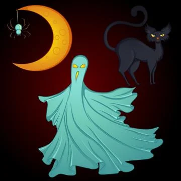 Set for Halloween moon, ghost, cat Stock Illustration