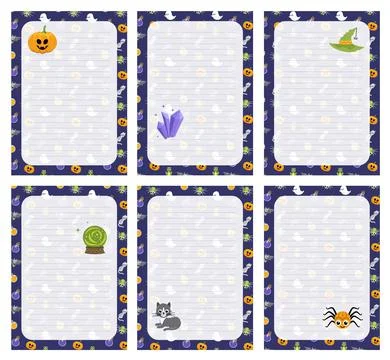Set of Halloween note papers. Page. Halloween notebook sheet. Cartoon, flat Stock Illustration