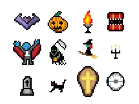 Set of Halloween object in pixel style for game Stock Illustration