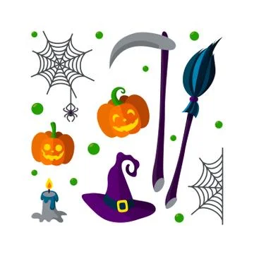 Set of Halloween objects. Witch broom, spider nets, pumpkins, candle and the Stock Illustration