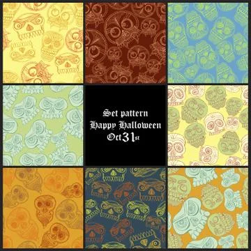 Set Halloween pattern background with sculls and bones Illustrazione stock