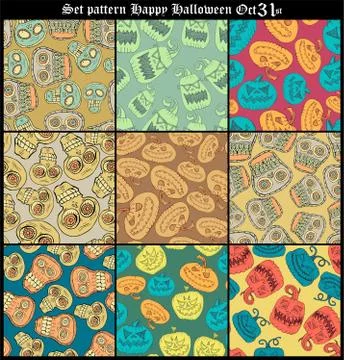 Set Halloween pattern background with sculls and bones Stock Illustration