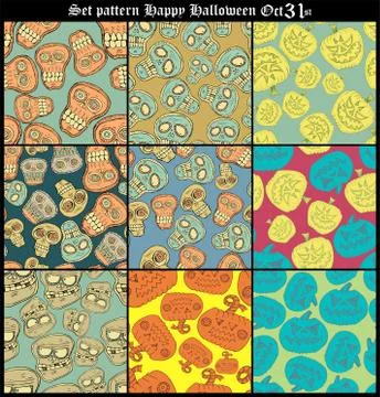 Set Halloween pattern background with sculls and bones Stock Illustration