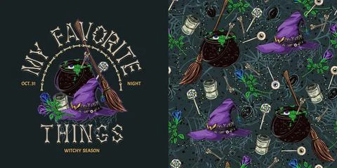 Set of halloween pattern, label with symbols of Halloween Stock Illustration
