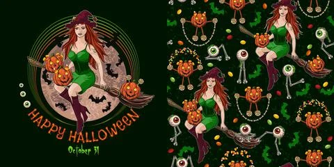Set of halloween pattern, label with witch and symbols of Halloween Stock Illustration