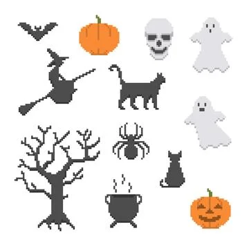 Set of Halloween pixelart objects Stock Illustration