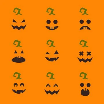 Set of Halloween pumpkin faces on orange background Stock Illustration