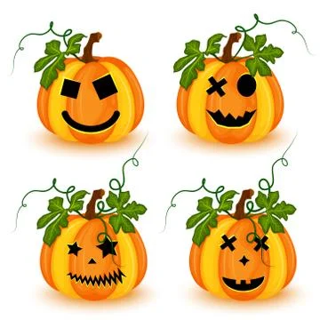 Set of Halloween pumpkins with different faces isolated on white background.  Stock Illustration