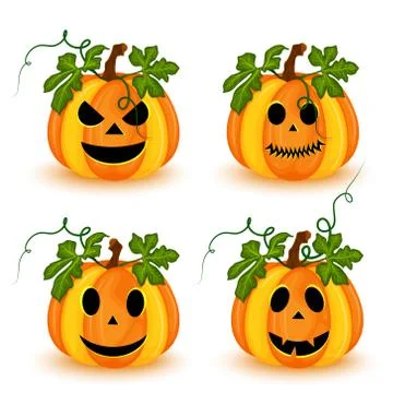 Set of Halloween pumpkins with different faces isolated on white background.  Stock Illustration