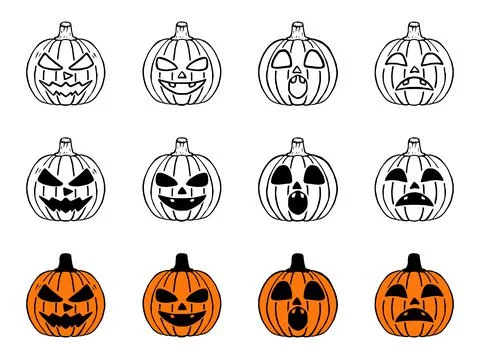 Set of Halloween pumpkins in different styles. Stock Illustration