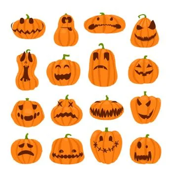 Set of halloween pumpkins faces. The main symbol of the Happy Halloween Stock Illustration