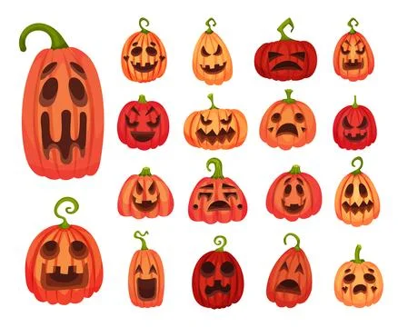 Set of halloween pumpkins with funny faces. Autumn holidays decor elements Stock Illustration