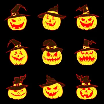 Set of halloween pumpkins with hat Stock Illustration