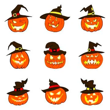 Set of halloween pumpkins with hat Stock Illustration