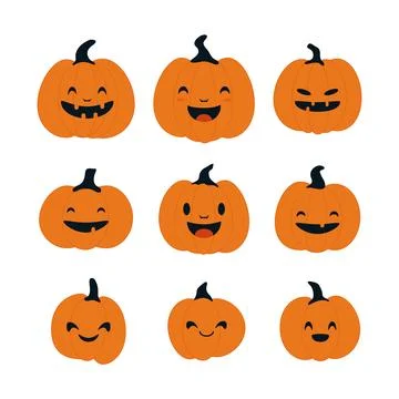 Set of Halloween pumpkins with smiling faces. Vector flat style illustratio.. Stock Illustration
