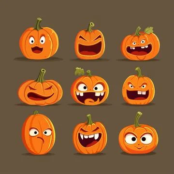 Set of Halloween pumpkins with smiling faces. Vector flat style illustratio.. Stock Illustration