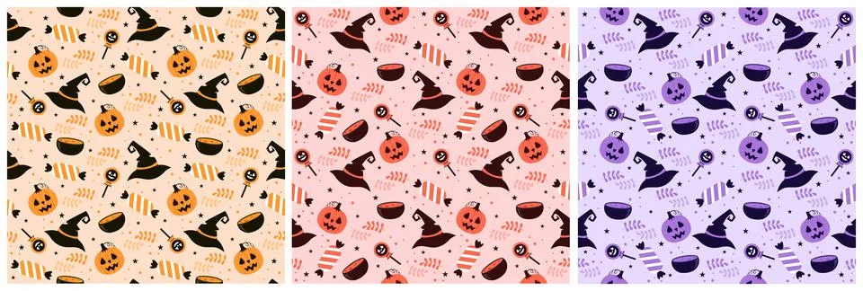 Set of Halloween Seamless Pattern Design With Witch, Haunted House, Pumpkins  Illustrazione stock