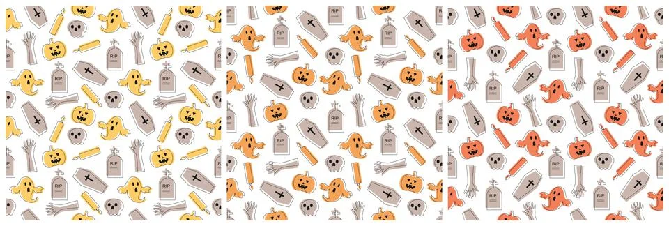Set of Halloween Seamless Pattern Design With Witch, Haunted House, Pumpkins  Illustrazione stock