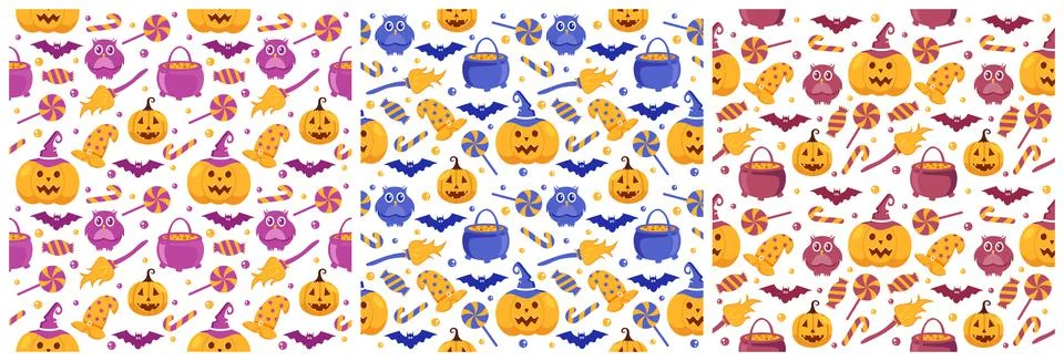 Set of Halloween Seamless Pattern Design With Witch, Haunted House, Pumpkins  Illustrazione stock