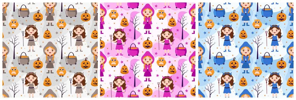 Set of Halloween Seamless Pattern Design With Witch, Haunted House, Pumpkins  Illustrazione stock
