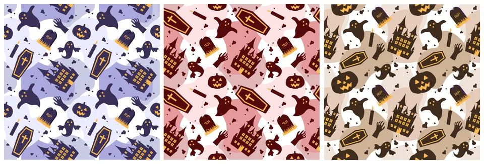 Set of Halloween Seamless Pattern Design With Witch, Haunted House, Pumpkins  Stock Illustration