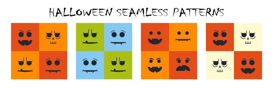 Set of halloween seamless patterns with faces Stock Illustration