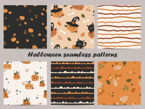 Set of Halloween seamless patterns with pumpkins Stock Illustration