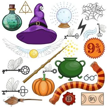 Set Halloween sorcery and magic items, game assets. Vector potion bottle, lan Illustrazione stock
