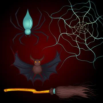 Set for Halloween spider, bat, broom Stock Illustration