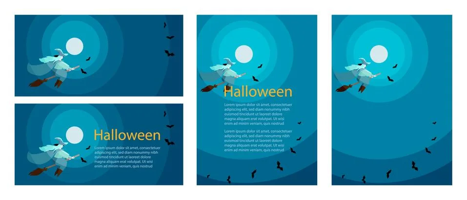 Set of Halloween templates with a flying witch, full moon and bats Stock Illustration